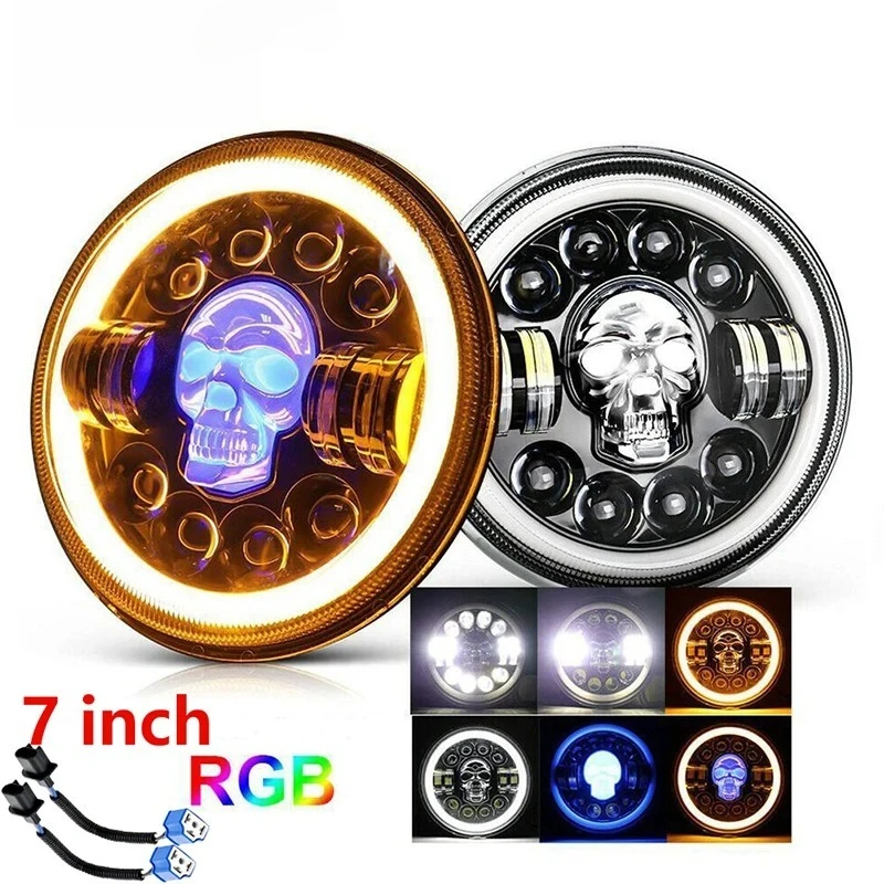 

7 Inch Skull Round LED Work light RGB Demon Eye for Harley Motorcycle Custom Front Lamp 45W With Turn Signal Angel Eyes