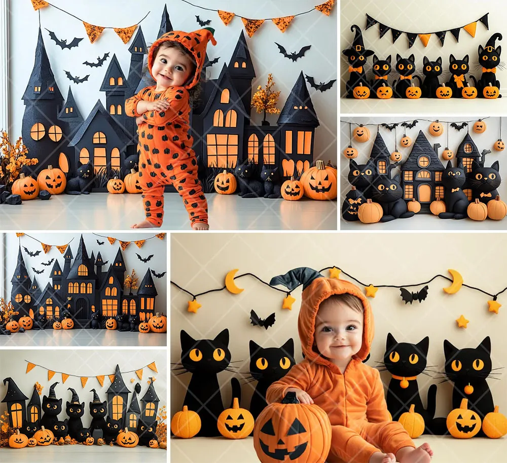 

Mehofond Photography Background Spooky Halloween Fun Black Cat Pumpkin Kids Birthday Party Portrait Decor Backdrop Photo Studio