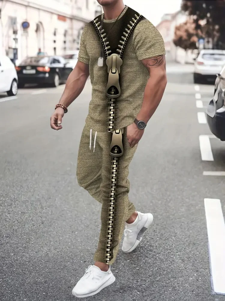 Abstract Zipper 3D Printed Men's Casual Thin Short-sleeved Long Pants Set, Urban Street Casual Fashion Men's 2pcs Long Pants Set
