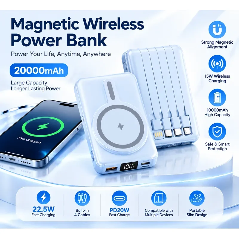 Magnetic Wireless Power Bank 20000mAh 22.5W Super Fast Charging Thin Light Portable External Battery Pack for Phone Smart
