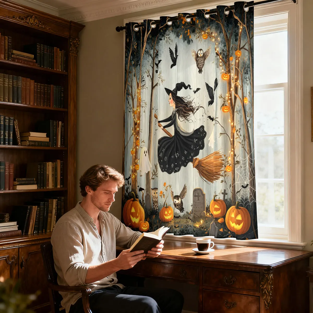 1PC Halloween Witch Pumpkin Ghost Forest Print Single Loop Curtain For Living Room Bedroom Door Window Home Decor view 5