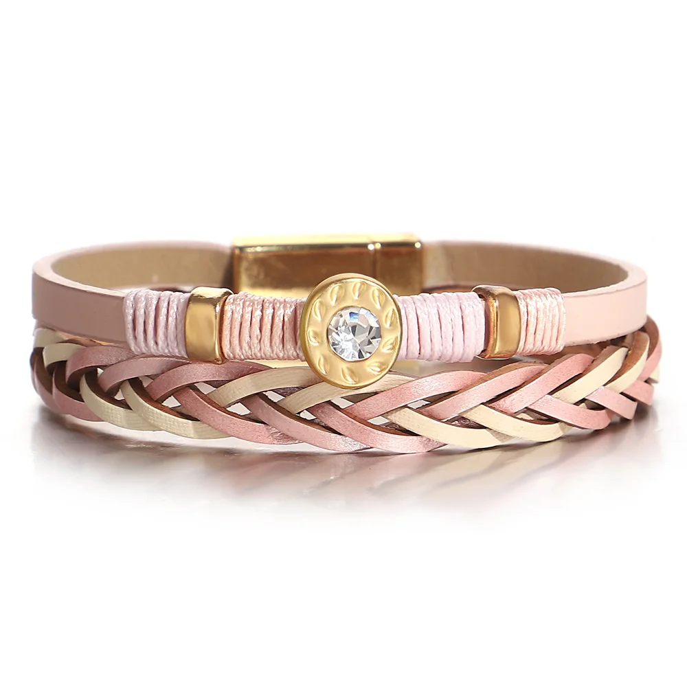 ALLYES Boho Coloful Rope Braided Leather Bracelet for Women Vintage Inlaid Rhinestone Multilayer Wrap Bracelets Jewelry Gifts