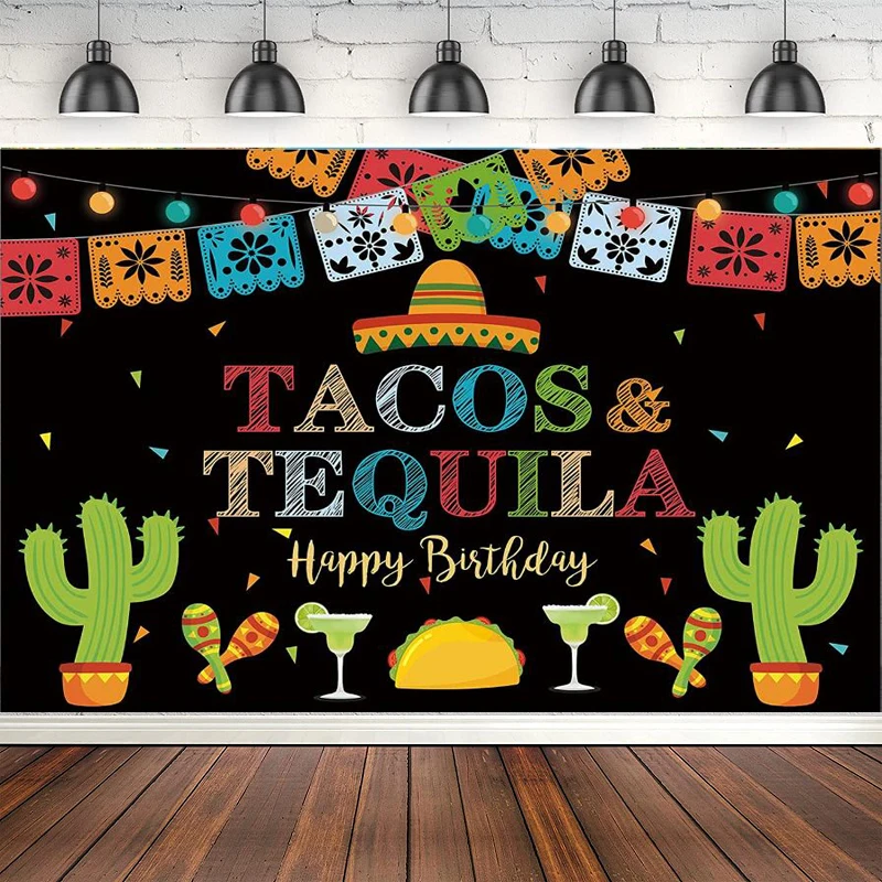 Toile de fond photographique Fiesta Mexicaine Joyeux Anniversaire Tacos et Tequila Lumières Colorées Décor Cinco De Mayo Bannière