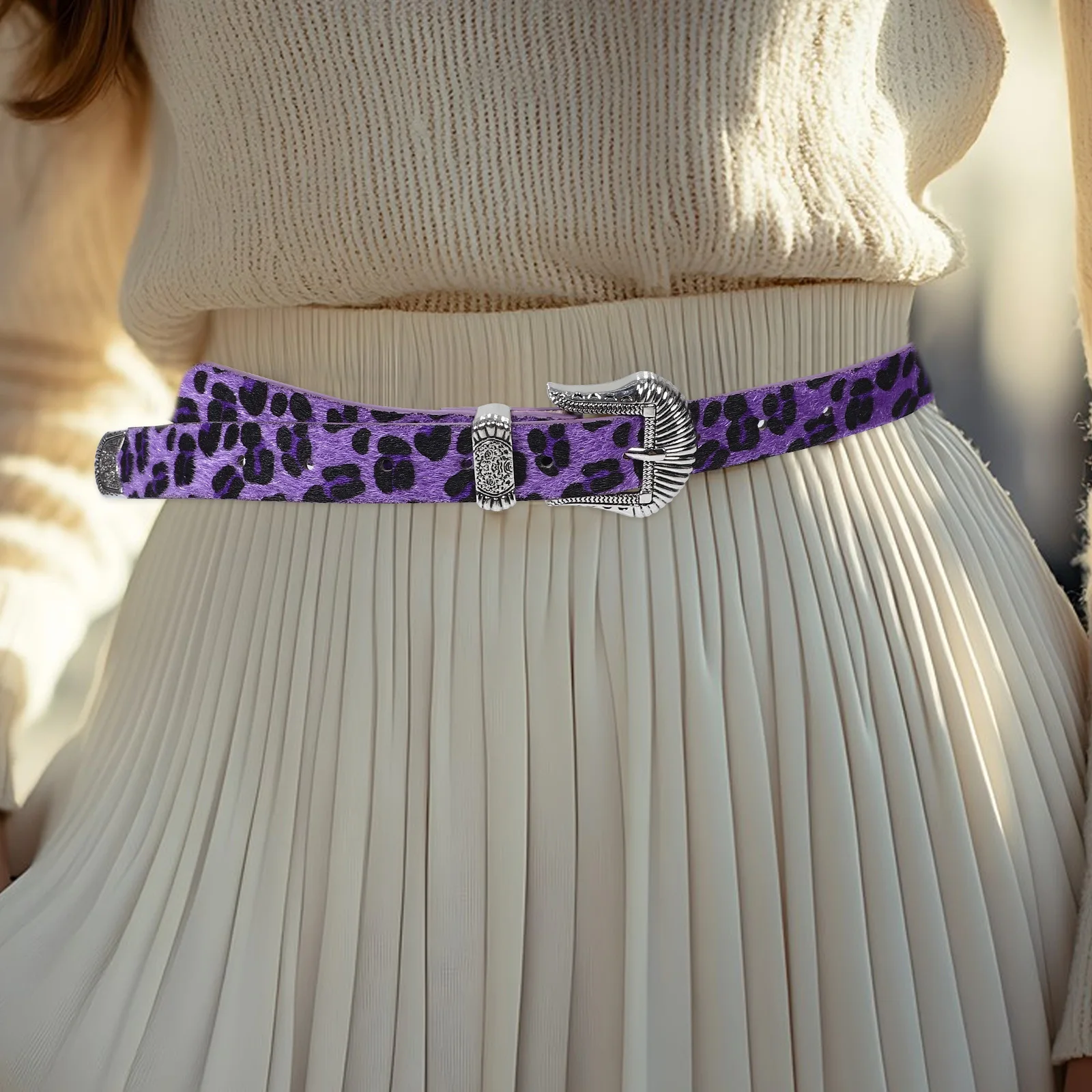 

Leopard Print Waist Belt Wide Purple Vintage Western Carved Design Adjustable for Jeans Dresses Casual Outfits