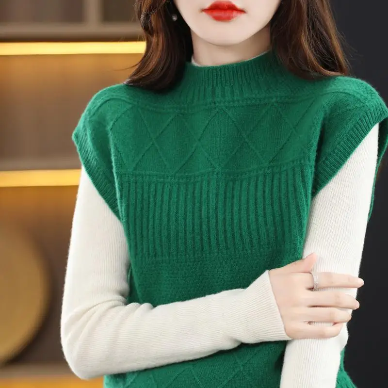 Fashion Stand Collar Knitted Casual Vest Sweaters Women Clothing 2023 Autumn Winter Oversized Commuter Pullovers Korean Tops