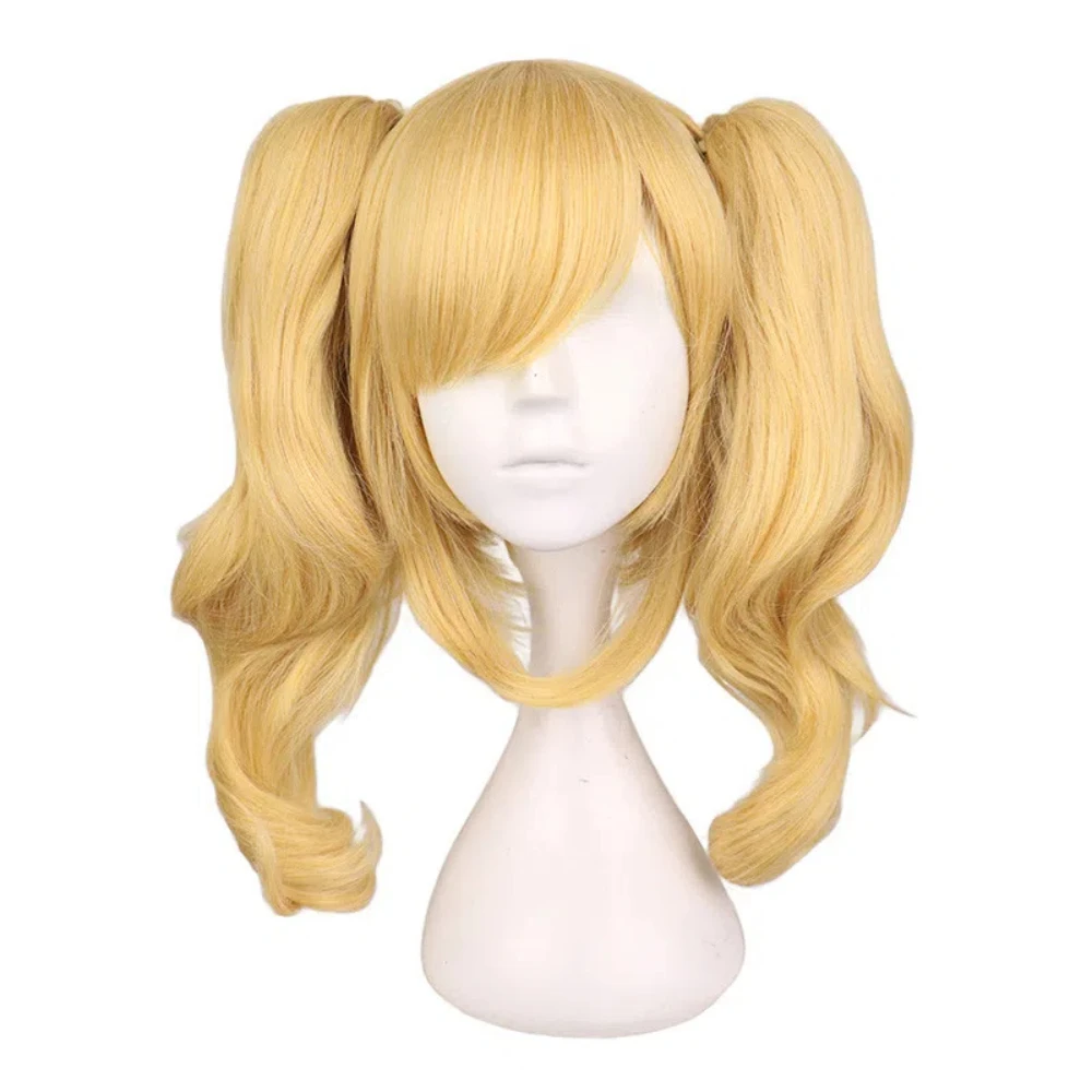 Anime-Cosplay-Perücken für Frauen, gelbblonde synthetische Perücken mit 2 Pferdeschwänzen, Halloween-Kostümparty, Cosplay-Perücke