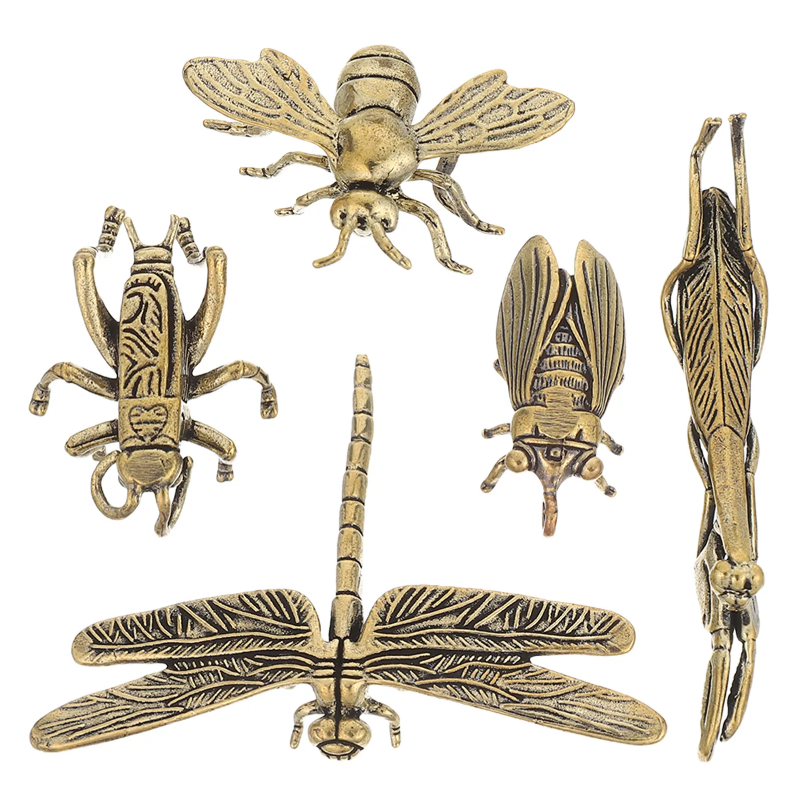 

5Pcs Mini Brass Insect Sculptures Realistic Dragonfly Bee Cicada Cricket Mantis Metal Animal Decor Desktop Bookshelf Vintage