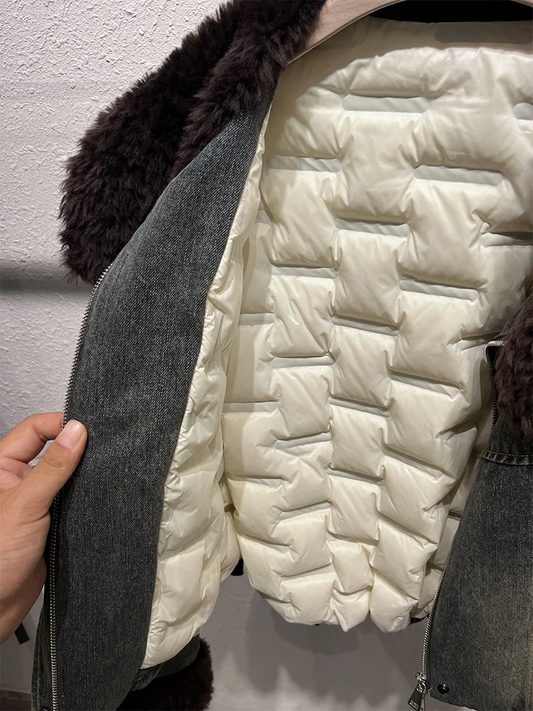 Mode femmes hiver chaud duvet d'oie veste en jean réel mérinos col de fourrure de mouton épais vêtements de luxe Parkas femme doudoune