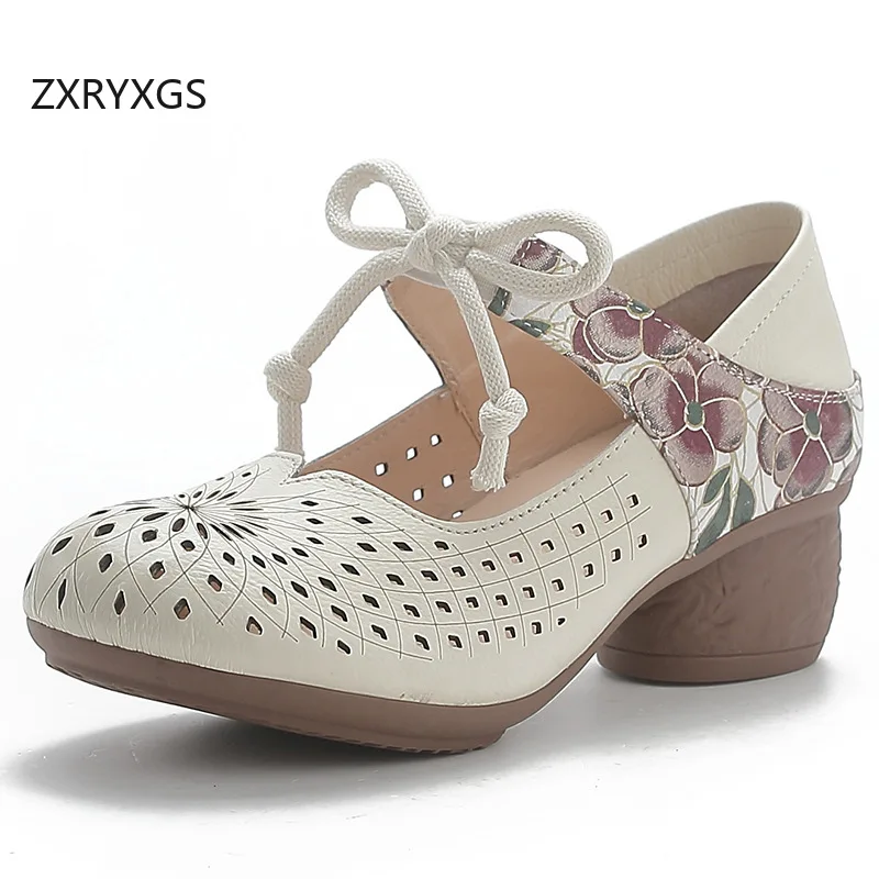 ZXRYXGS Chinese Style Cowhide Printing Hollow Women Leather Sandals New 2024 Summer Elegant Fashionable Sandals Mid Heel Shoes