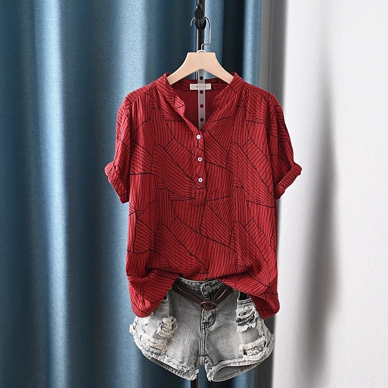 

Enianechu Designer Woman Clothing Vintage Cotton Yarn V Neck Geometric Striped Shirts and Blouses Middle Aged Women Clothes