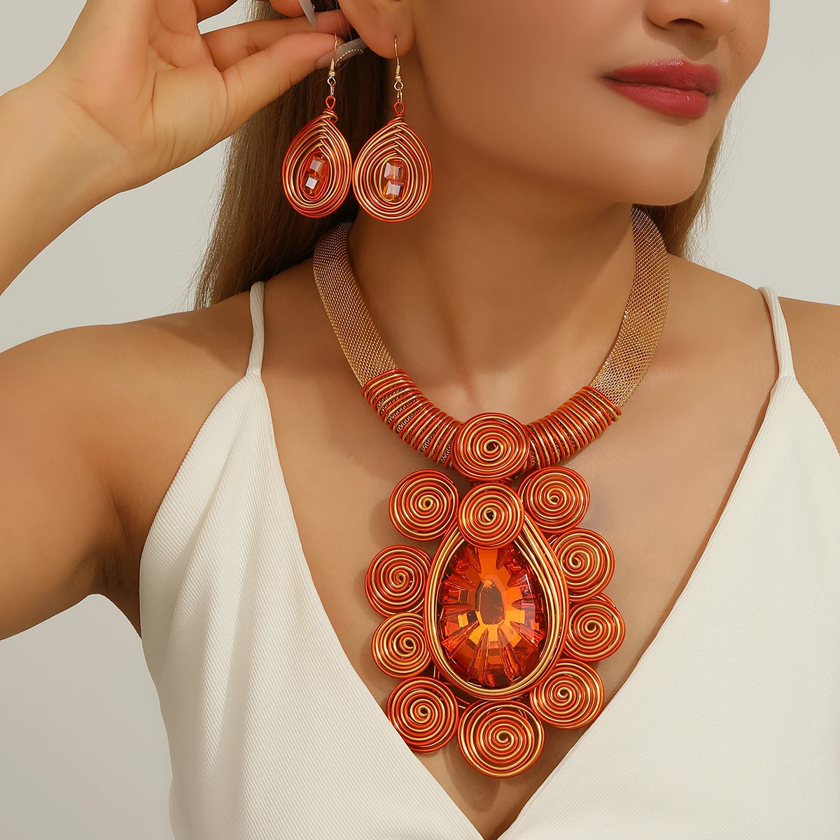Women's Handmade Woven Crystal Necklace Earrings Set, Party