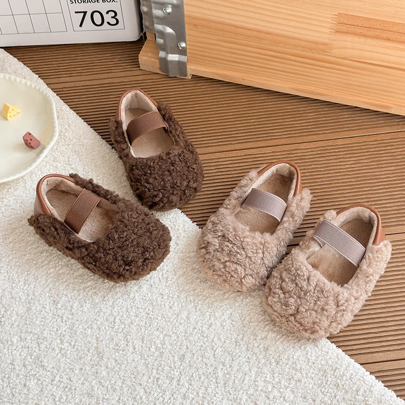 Girls Cotton Shoes Furry Plush Kids Winter Flats Shoes Anti-slippery Children Warm Shoes Non-slip 2026 New