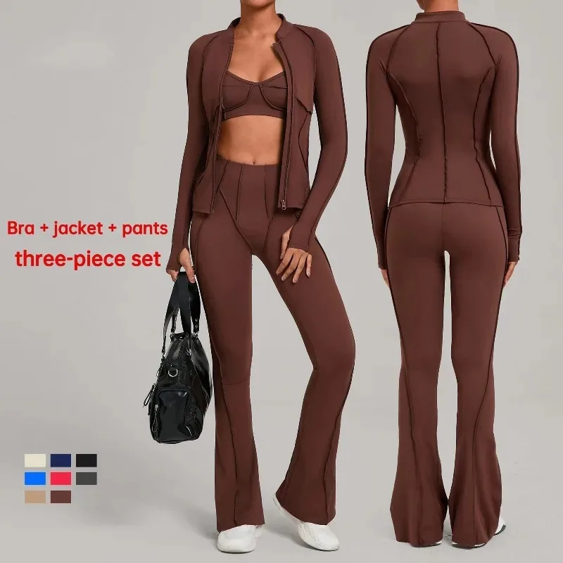 

3PCS Women's Yoga Sets Sports Fitness Zipper Brushed Jacket Flared Pants Suits Slimming Outdoor Running Workout Gym 3 Piece Sets