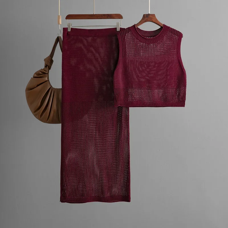 

Комплект для молодых женщин, весенний облегающий вязаный топ на бретелях и юбка из двух предметов