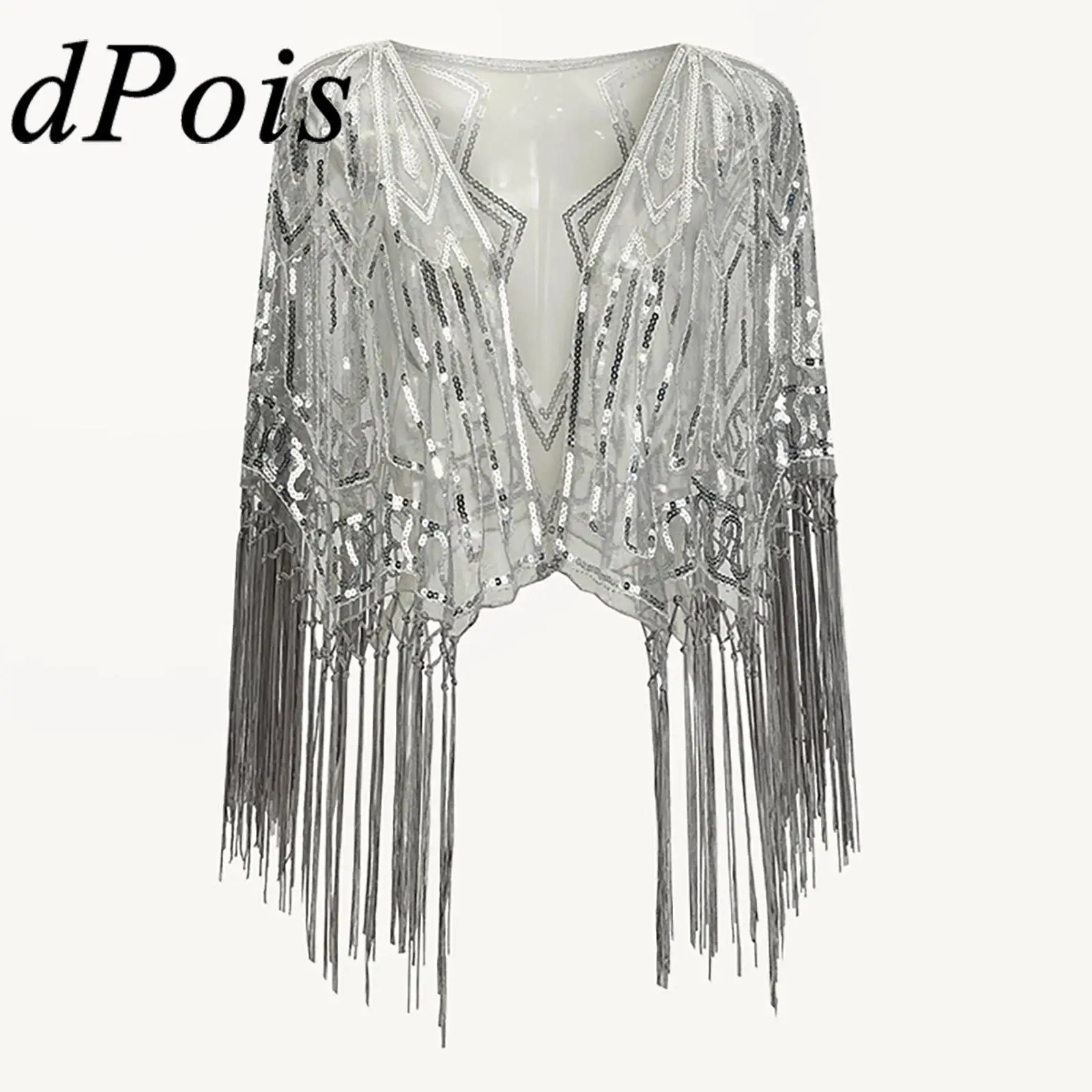 

Womens 1920s Retro Party Flapper Sequined Cape Glitter Sequins Tassel Trim Shawl Open Front Wrap for Cocktail Dress Accessory