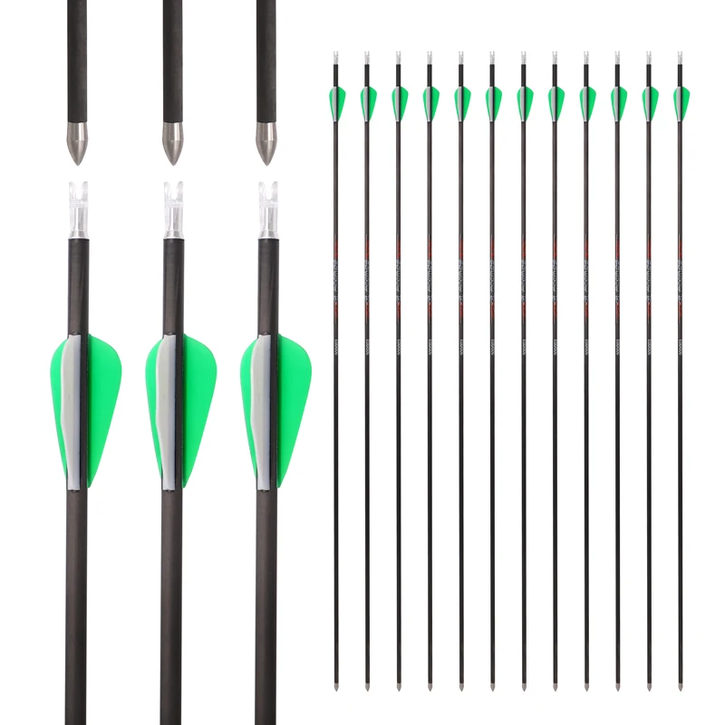 

32Inch Pure Carbon Arrows ID4.2mm Spine300-1800 with 2Green 1White Rubber Vanes for Archery Compound/Recurve Bow Hunting