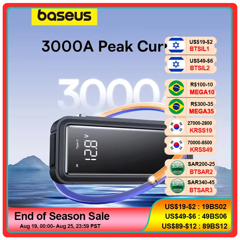 

Baseus Super Capacitor Car Jump Starter 3000A Car Booster Device Charger Battery less Portable Car Starting for Emergency Device