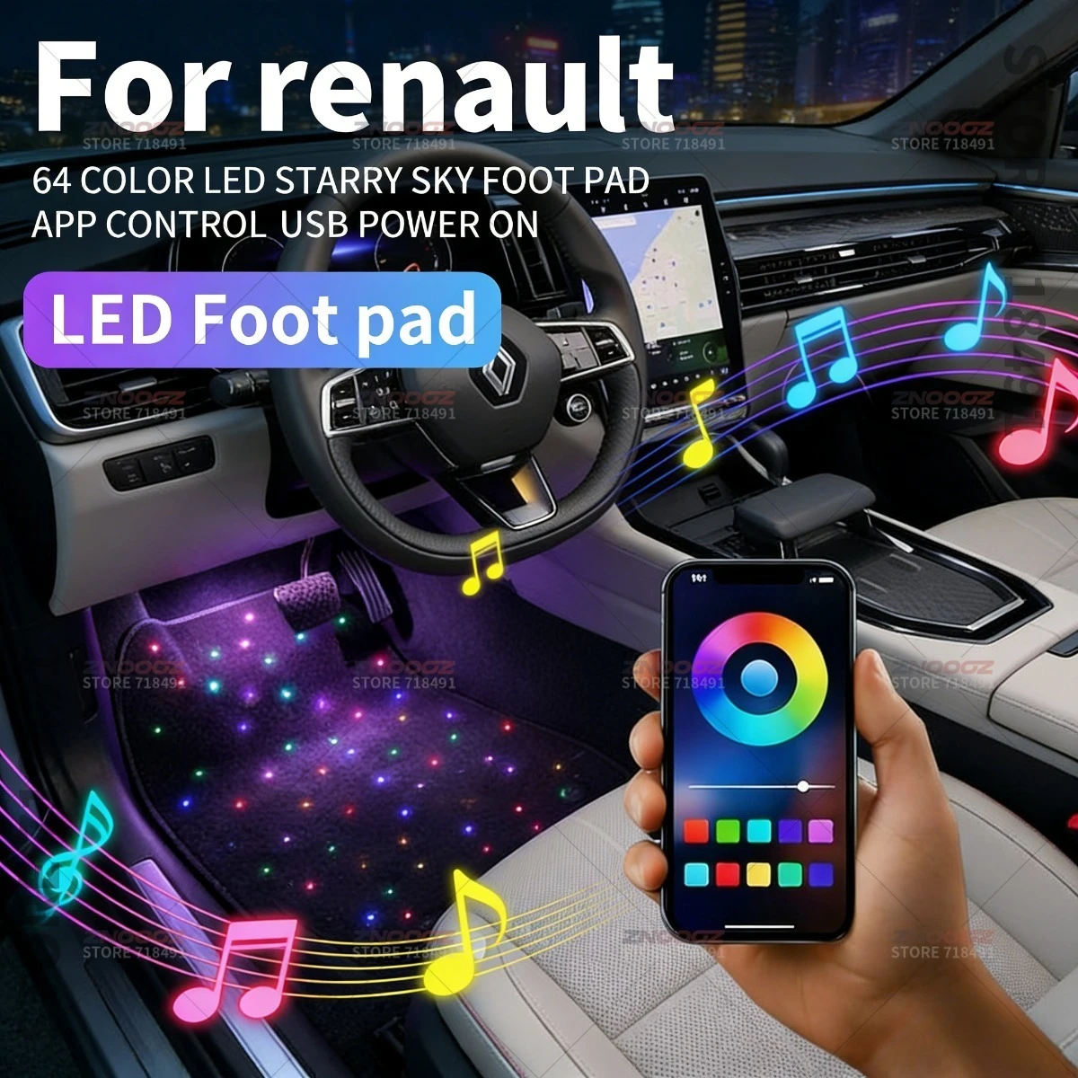 For Renault Clio Captur Megane Arkana Austral Koleos ZOE Twingo Talisman Espace USB Car LED Starry Sky Foot Mat DIY Can Be Cut