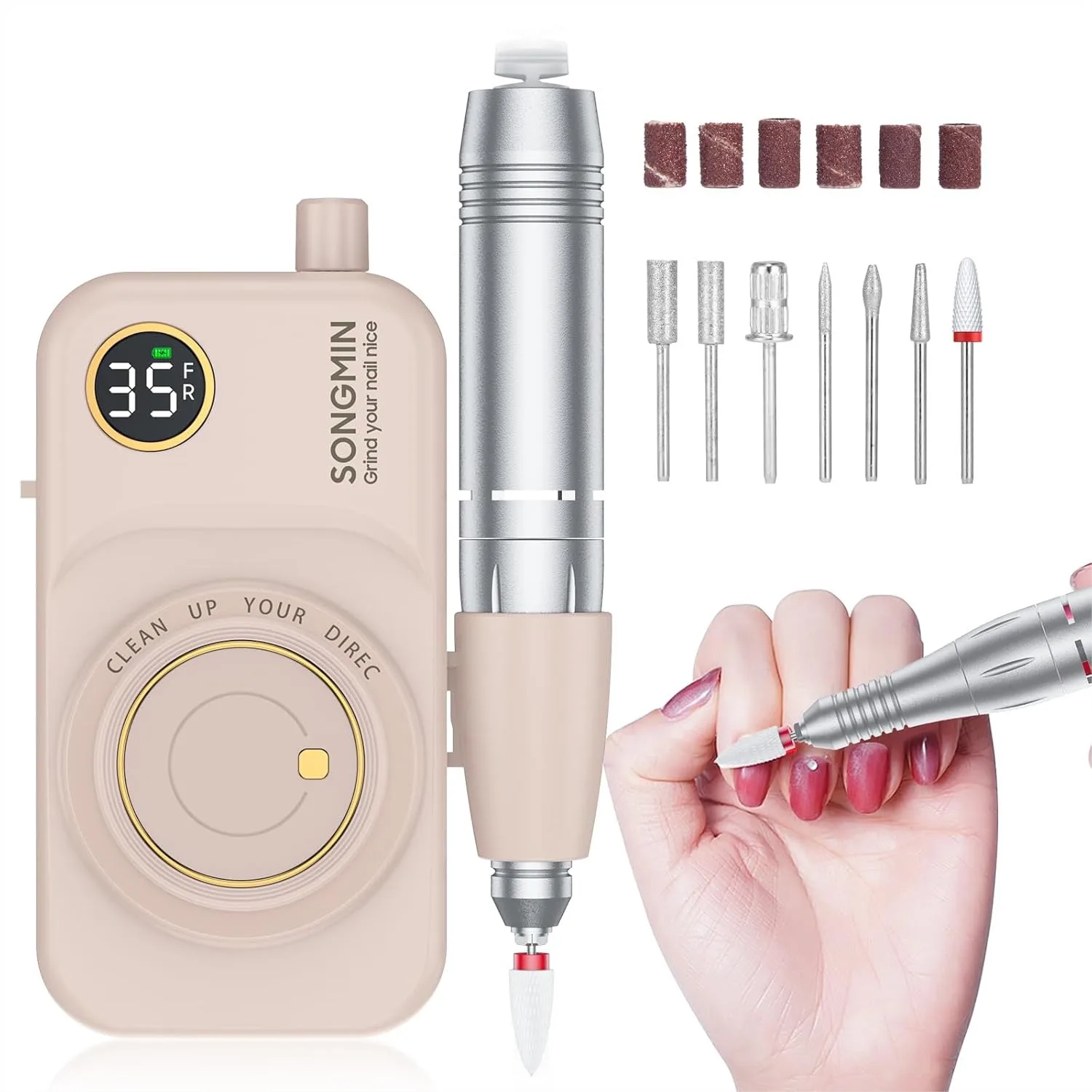 Professional Nail Drill 35000 RPM Cordless Electric File with Bits Kit for Acrylic Gel Polish Removal, Rechargeable Portable