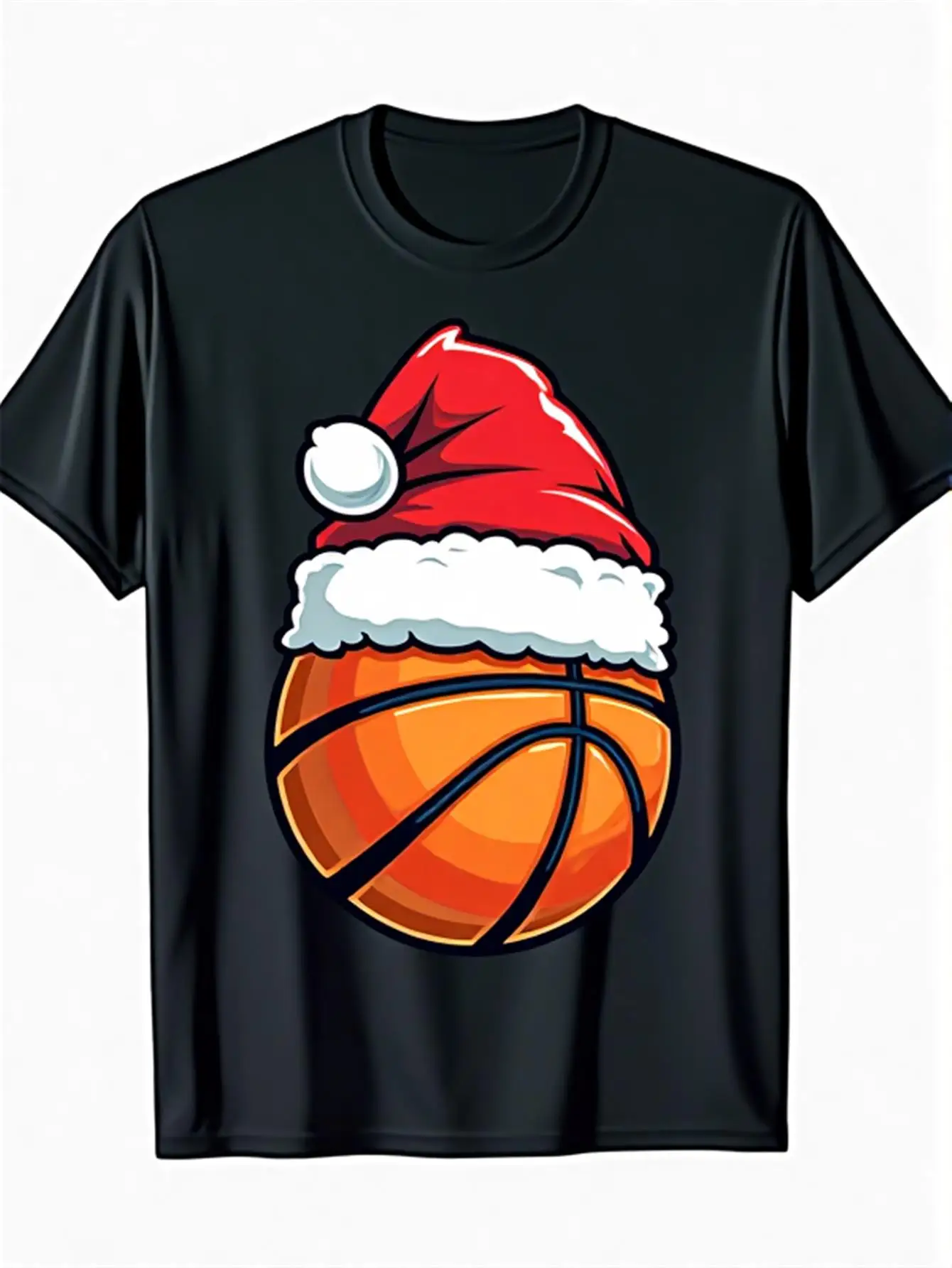 Men's Christmas Basketball Santa Tee, 180g Black Holiday Sports Santa Ball Design Tee