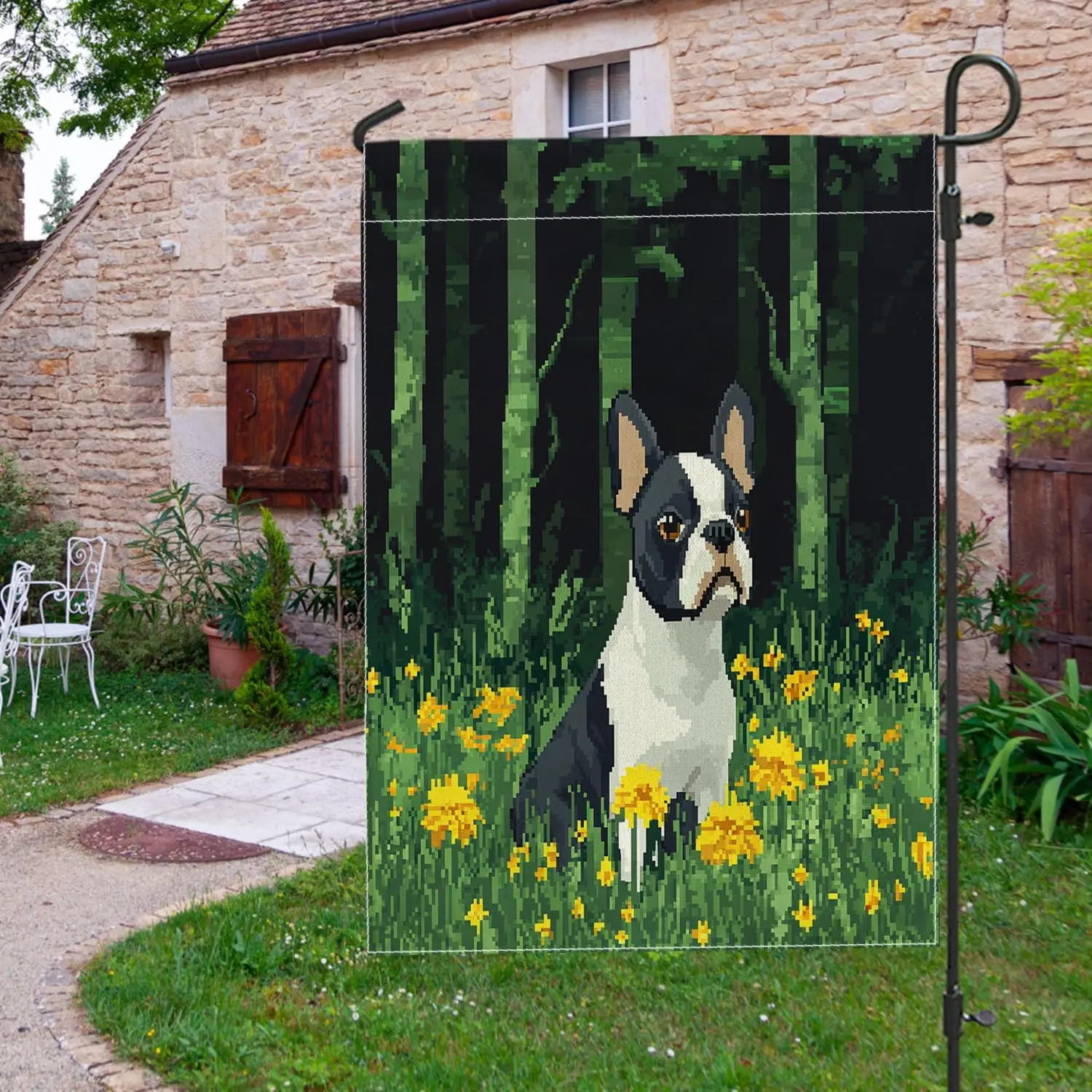 Fun Boston Terrier Dog Garden Flags 12x18 Inch for Outside, Spring Forest Pixel Art Chien Standard Vertical Linen Flags for  uui