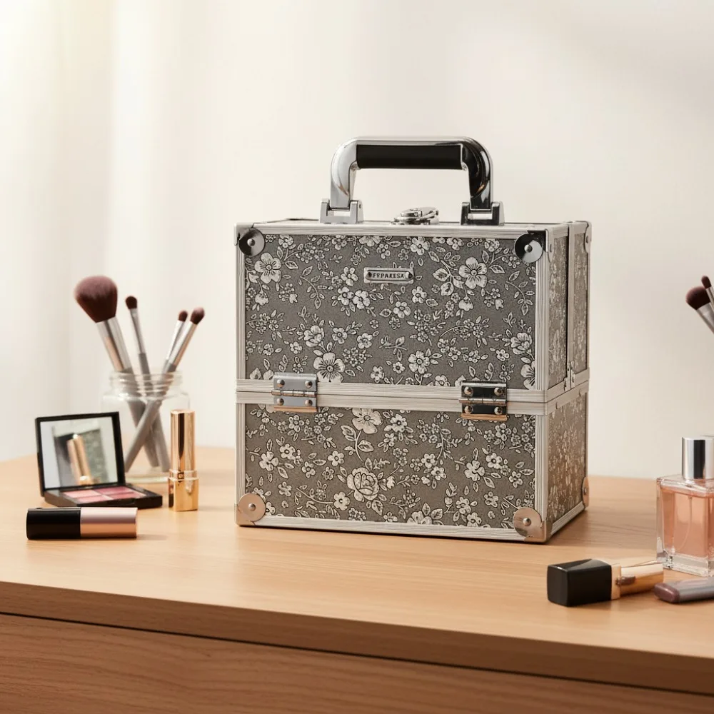 Portable Lockable Makeup Case with 4 Trays, Dividers & Spacious Storage - Silver Floral Design for Travel & Daily Use