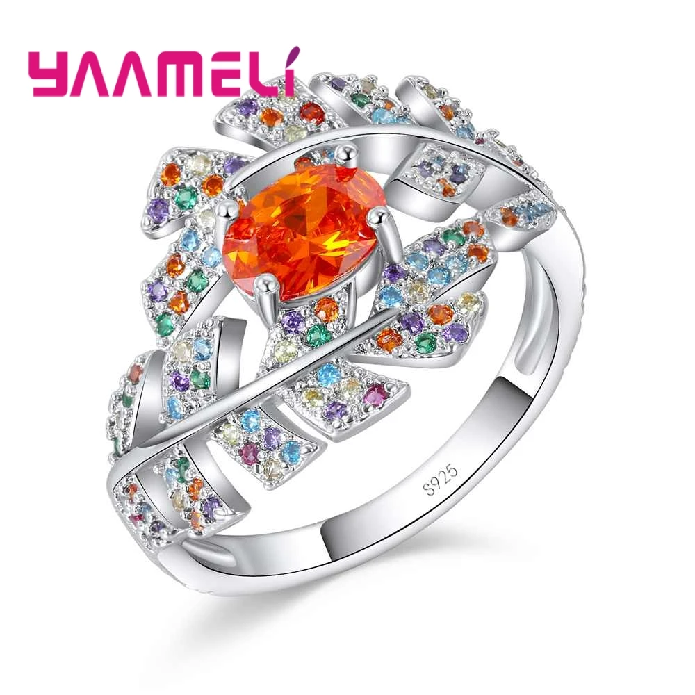 

Luxury Pop Orange Crystal Leaf Shape Cute Style Ring Party Jewelry 925 Sterling Silver Cubic Zirconia For Women