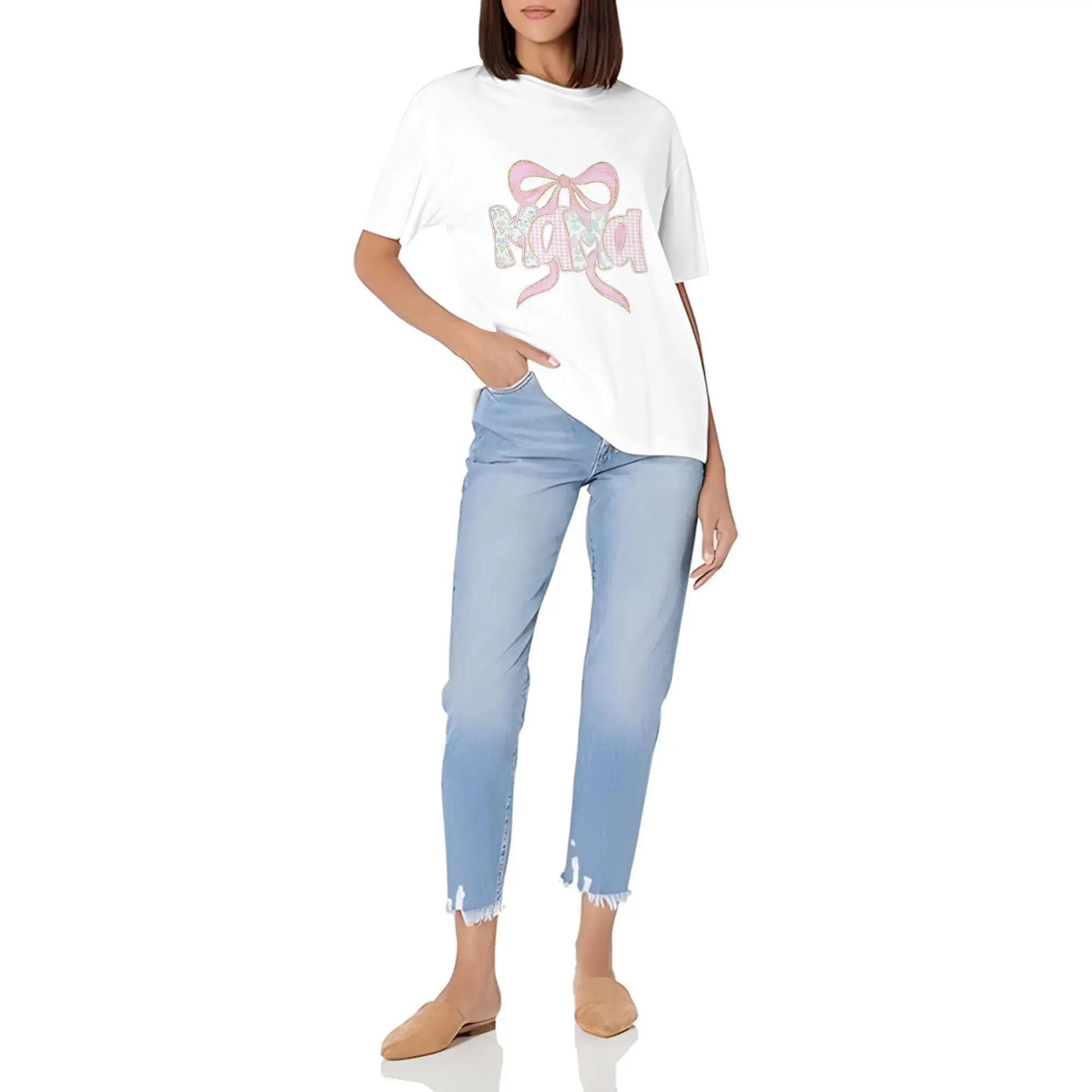 Floral Design Mom Bow Outfits for Women World Cup Clothing Game Day Outfit Loose Fit USA Soccer T Shirt Outfits for Women