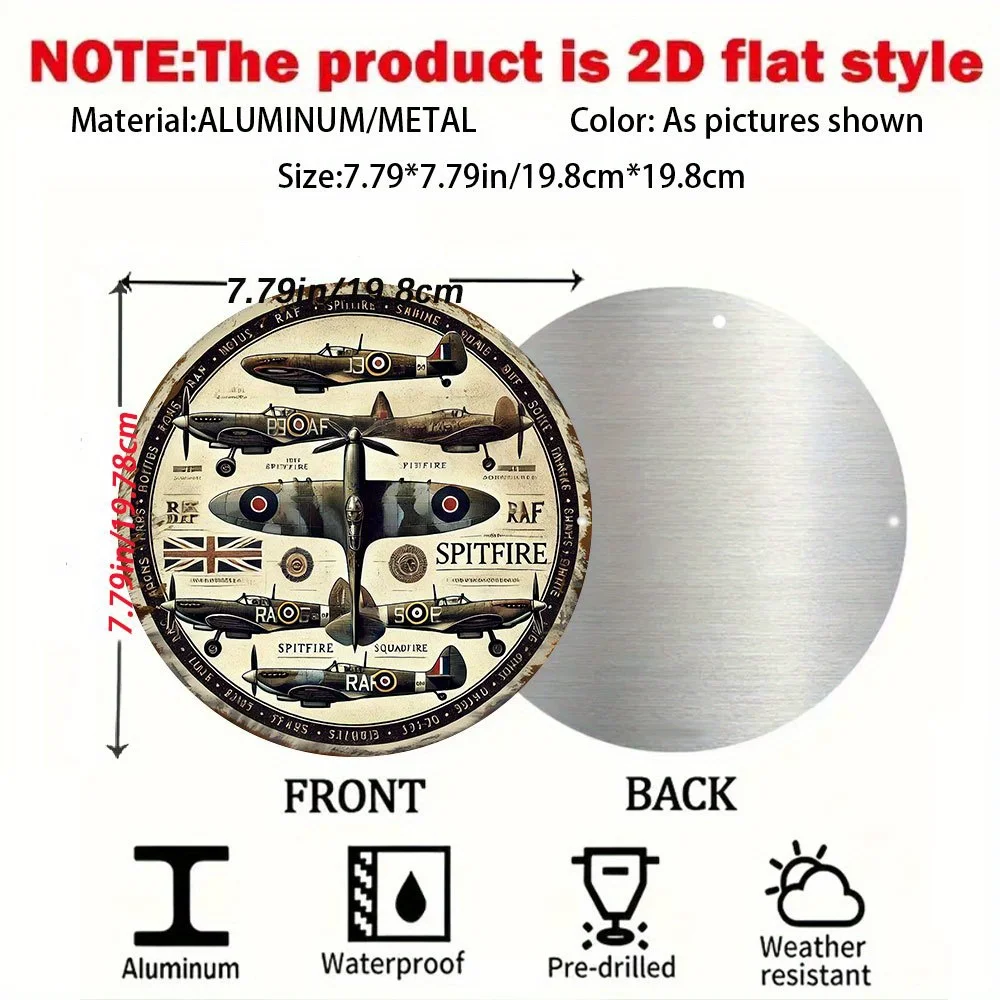 لوحة فنية جدارية مسطحة ثنائية الأبعاد لطائرات الحرب العالمية الثانية RAF - لافتة معدنية مستديرة من الألومنيوم مقاس 20 سم مع إطلاق النار والإعصار والبعوض - متينة #2