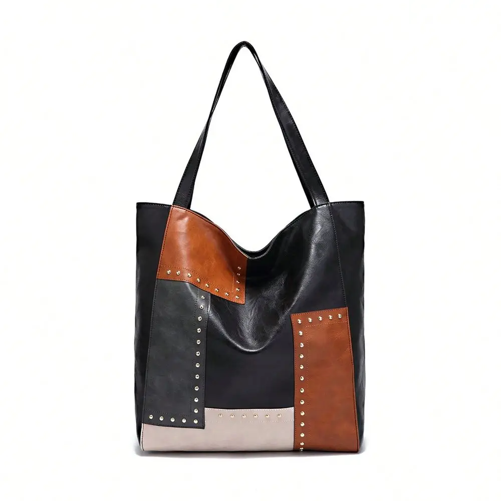 

Patchwork Tote Bag, Retro Colorblock Shoulder Bag, Handbag, EyeCatching Work Bags For Women