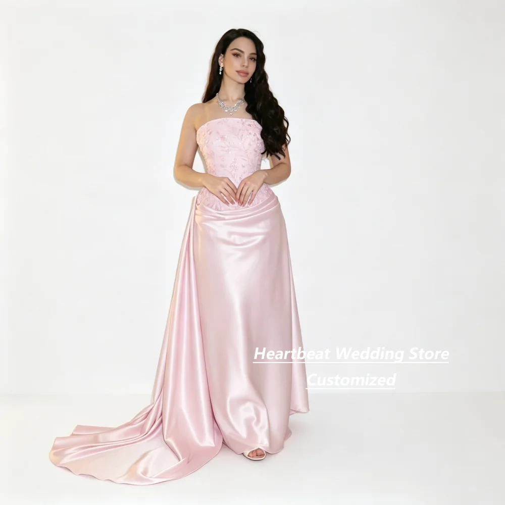 Customized Blush Pink Strapless Sequined  Satin Mother Of The Bride Gown Mermaid With Side Train Formal Wedding Evening Dress