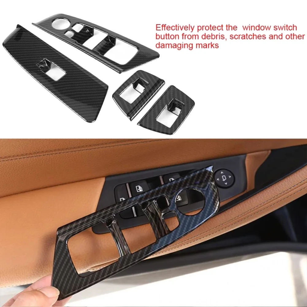 4Pcs Car Window Switch Lift Panel Button Frame Cover Trim for-BMW 5 Series G30 2017-2018 Car Sticker Carbon Fiber