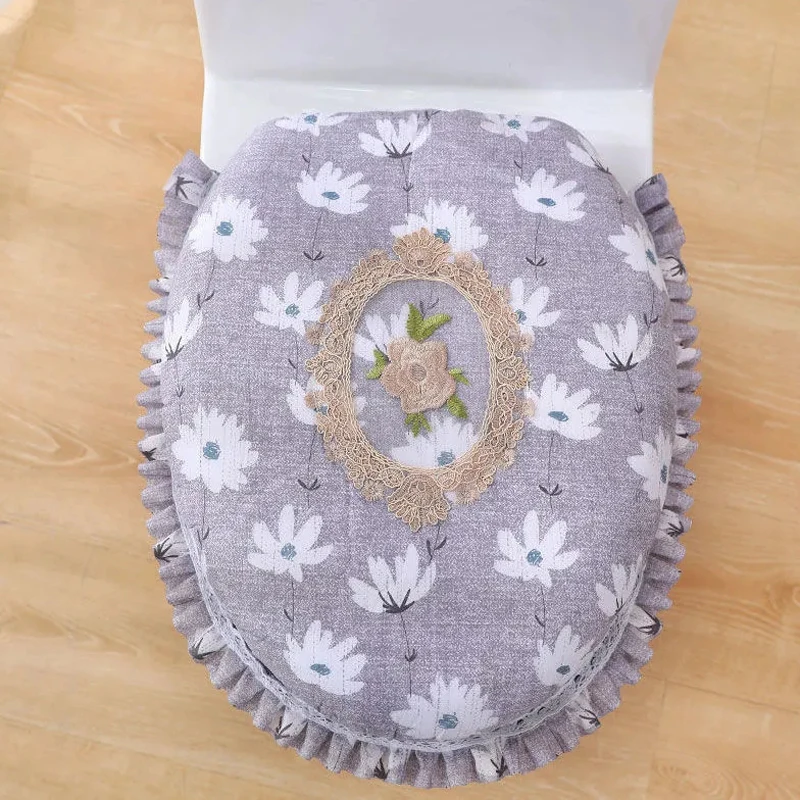 Simple Printed Four Season Toilet Seat Mat 2 Pcs/Set Zippered Toilet Ring Cover Household Soft Short Plush Toilet Seat Cover