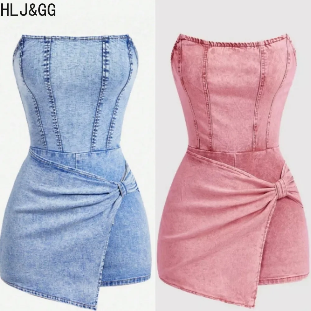 

HLJ&GG American Retro Denim Bodycon One Piece Rompers Women Off Shoulder Sleeveless Slim Cowboy Irregular Jumpsuits Sexy Overall