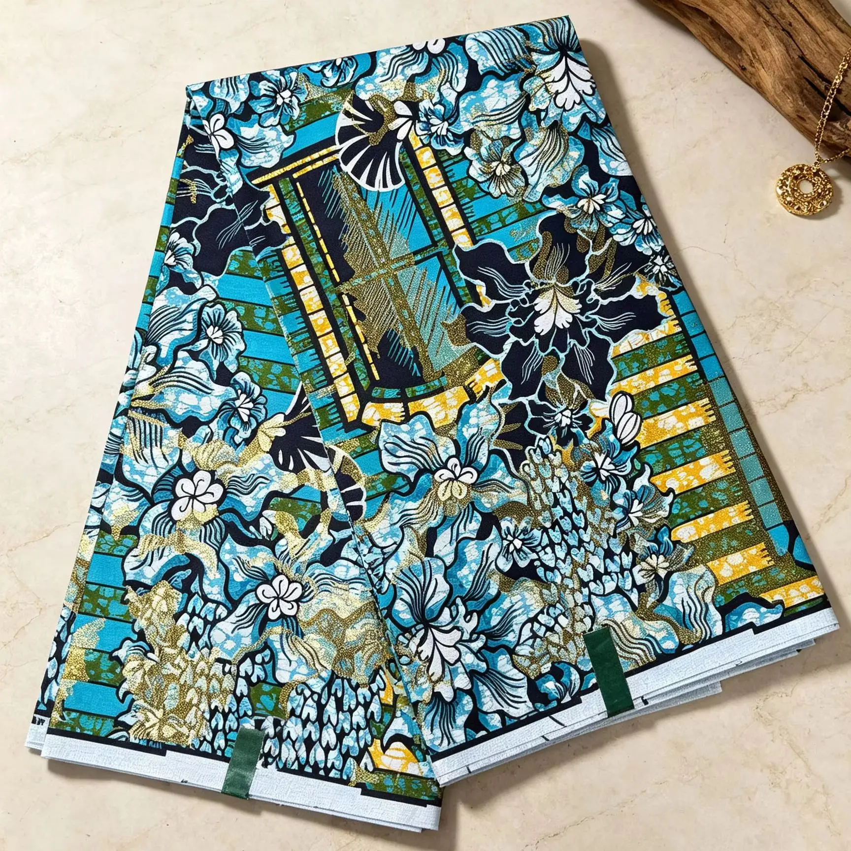 African Gold Sand Wax Fabric Turquoise Blue Floral Ankara Print 6Yards Cotton Batik Pagne Material For Women Party Dress Sewing view 2
