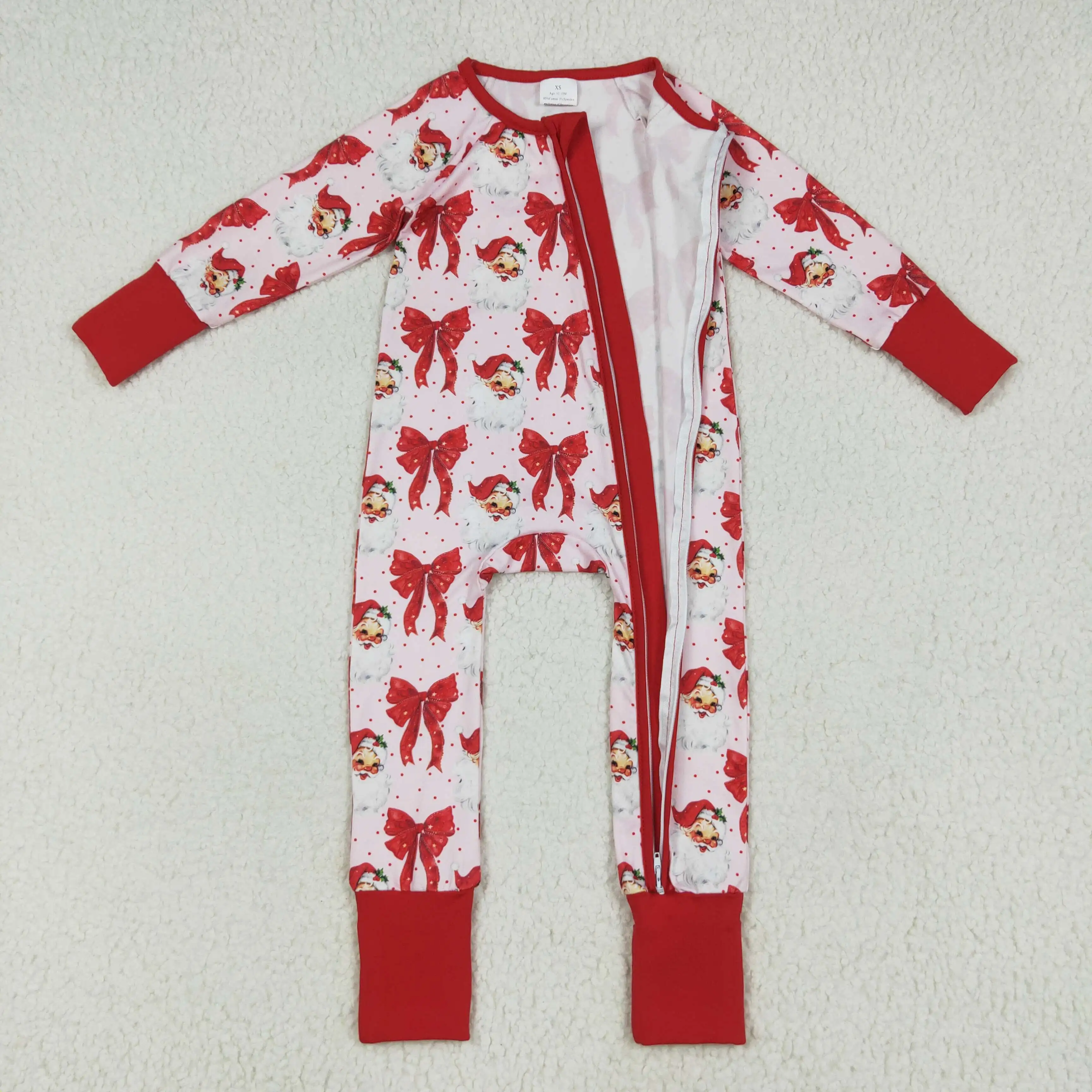 Bebê recém-nascido menina macacão de natal em torno do pescoço manga longa comprimento total vermelho santa arcos footie zíper macacão para criança