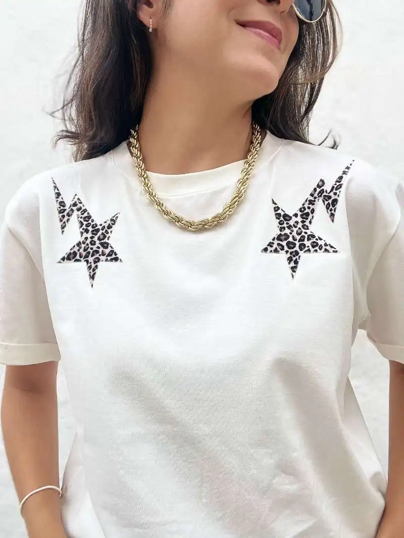 Retro American Vintage Summer Leopard Print Star Lightning Print Spicy Girl Loose Pure Cotton Short Sleeve T-Shirt Women