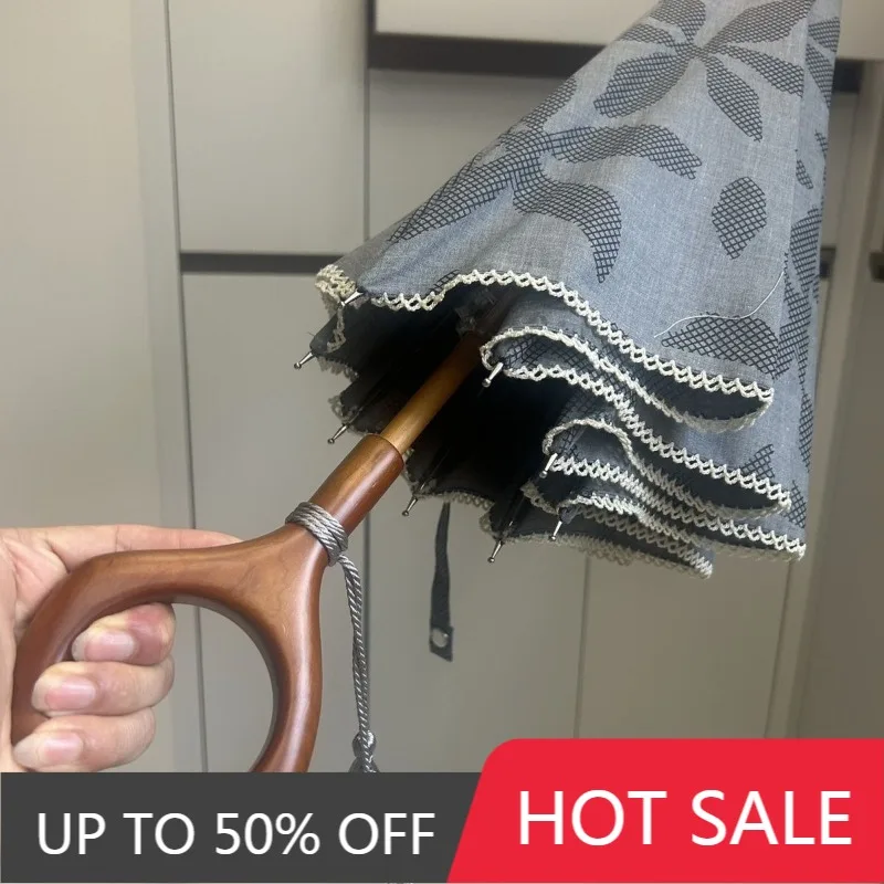8 Bones Grey Sunshade Umbrella UV Blocking Wooden Long Handle Umbrellas Sun Protection Manual Portable Umbrellas Sunshade