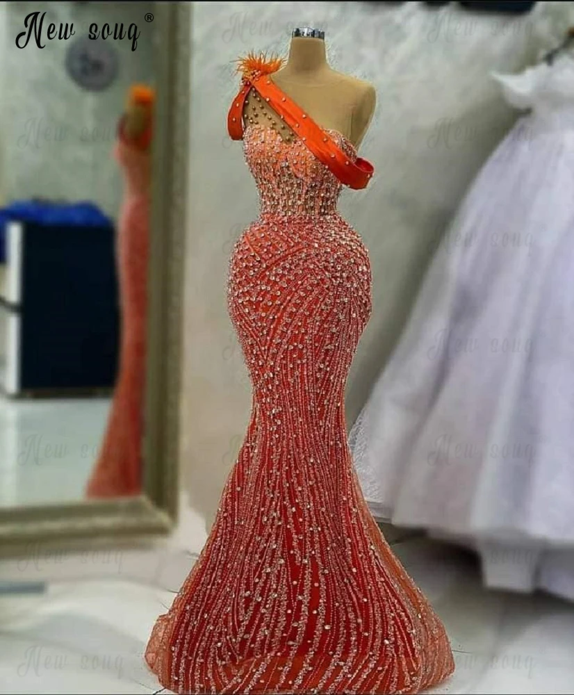 Sparkle Full Crystals Orange Evening Dress Feather Strap Mermaid Luxury Formal Occasion Dresses  Vestidos De Fiesta Custom Made