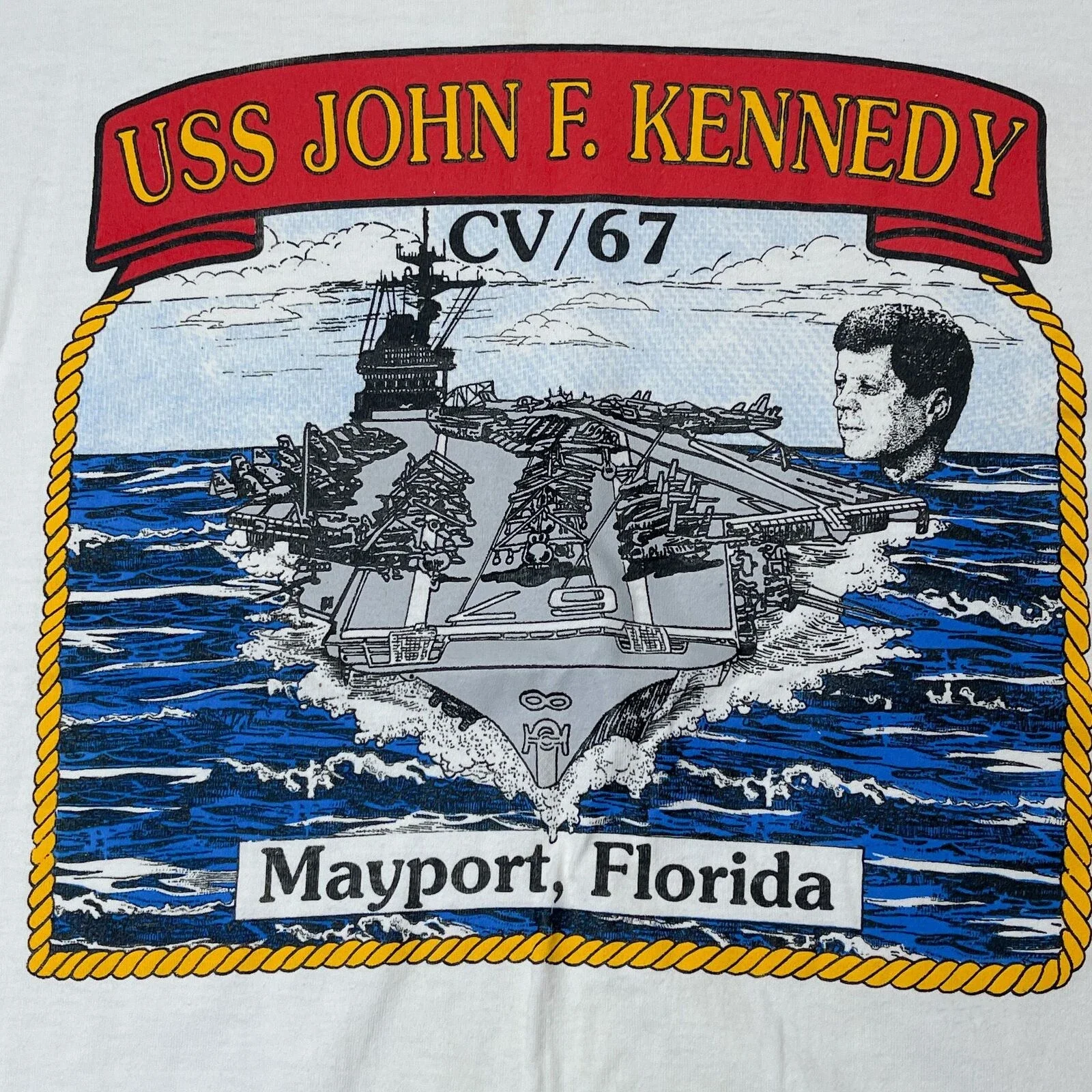 Vintage USS John Kennedy T Shirt Graphic Tee White Men's 100% Cotton Casual T-shirts Loose Top Size S-3XL