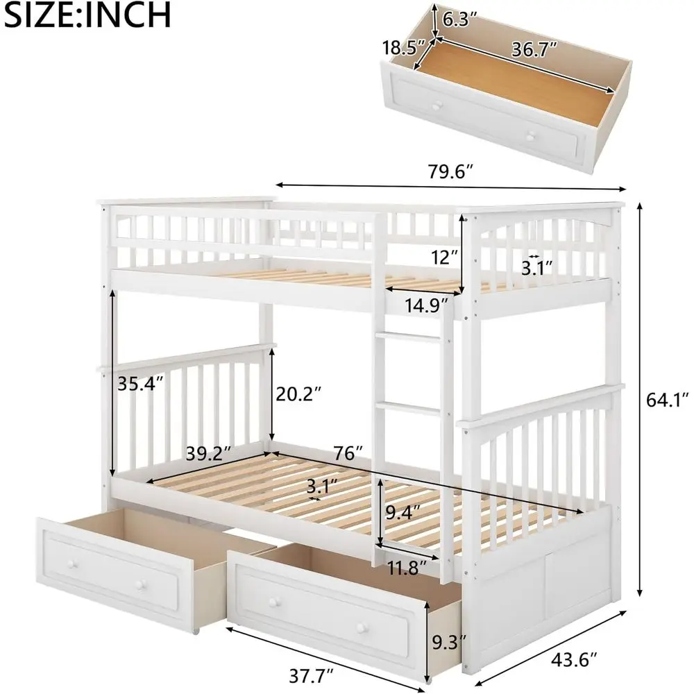 Convertible Wood Twin Bunk Bed with Storage Drawers and Ladder - Splits into Two Daybeds (White)