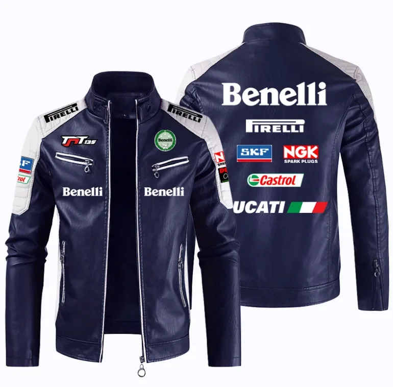 2023BENELLI Logo na samochód kurtka ze skóry sztucznej motocyklowy patchworkowy kurtki motocyklowe w stylu Casual, na zamek błyskawiczny płaszcz męski kurtka motocyklowa