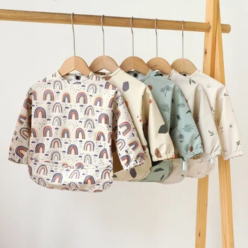 ملابس أطفال بأكمام طويلة من عمر 6 إلى 36 شهرًا، مريلة طعام للأطفال، ملابس أطفال مقاومة للماء من البولي يوريثان، ملابس عكسية للطعام وجيب الأرز