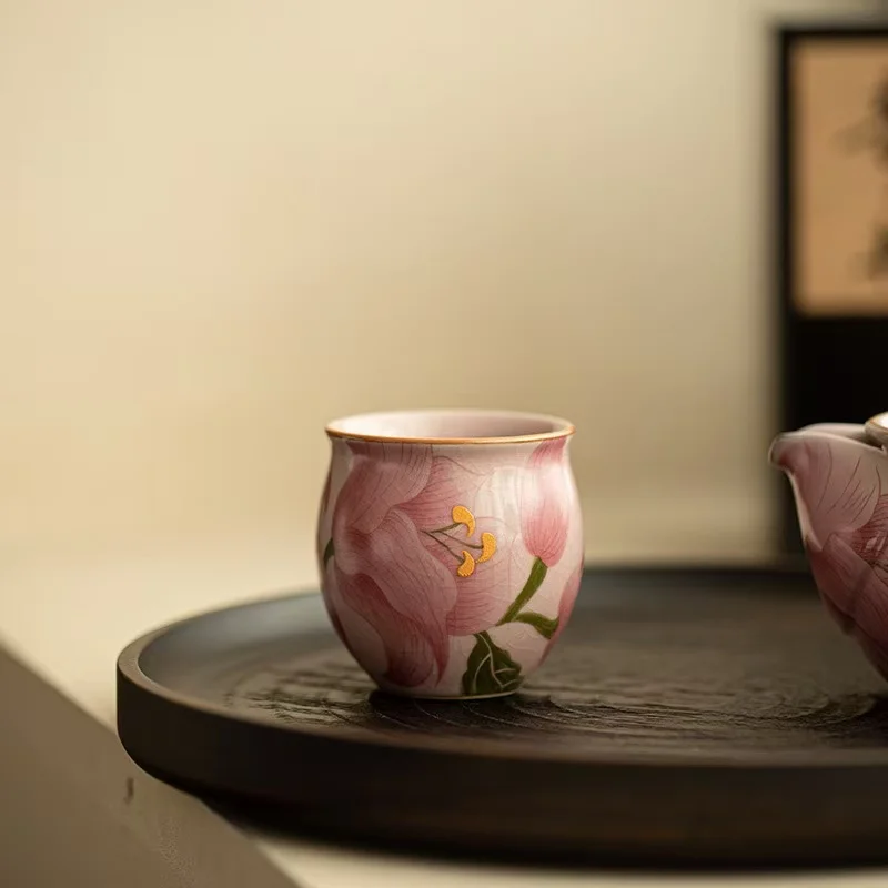 

2Pc 80ML Imitation Song Powder Ru Kiln Lily TeaCup Dragon Egg Cup Bundle Mouth Master Cup Ceramic TeaSet Exquisite KungFu TeaCup