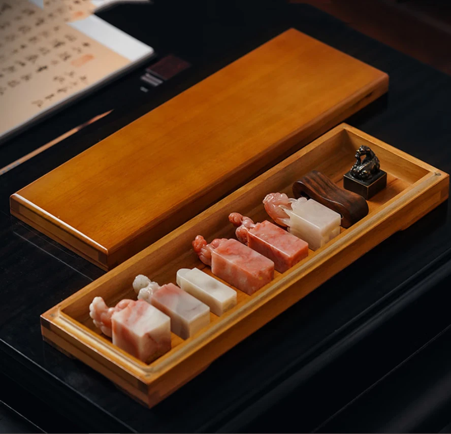 Camphor Wood Brush & Seal Storage Box - Calligraphy Study Set Solid Wood Stationery Case, Desk Art Organizer