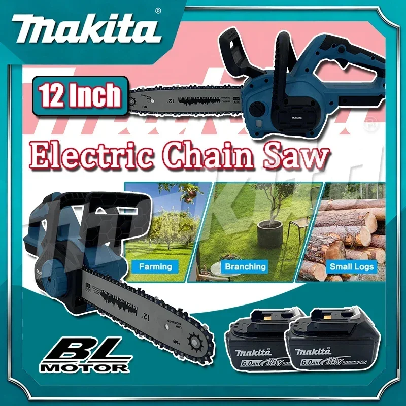 Sierra de cadena eléctrica inalámbrica Makita sin escobillas de 12 pulgadas, herramientas eléctricas recargables para cortar madera, para batería Makita de 18V