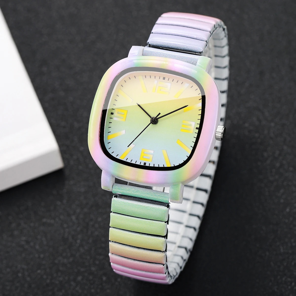 Modische Regenbogen-Böses-Auge-Quadrat-Damenuhr mit buntem elastischem Armband, Damen-Armbanduhren Relogio Feminino (ohne Box) – Detail 14