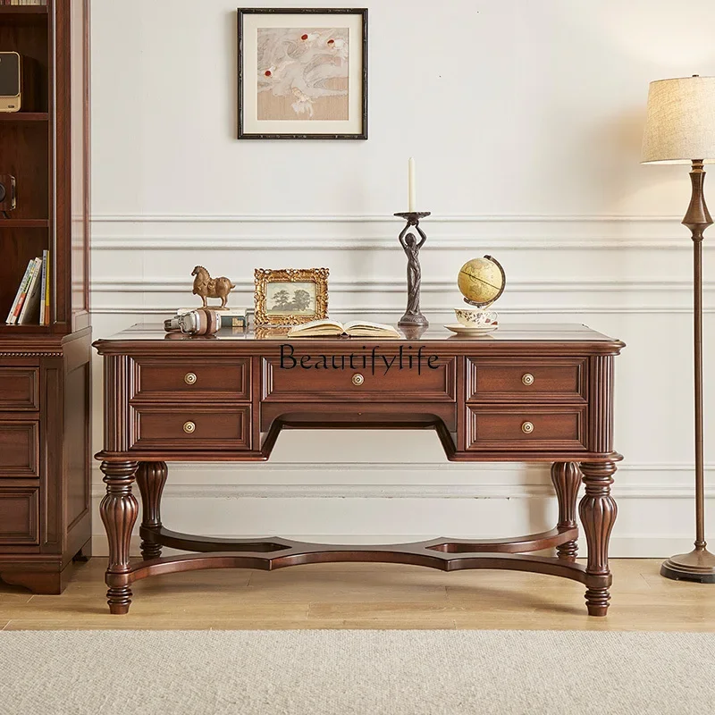 

02American solid wood desk and chair combination high-end black walnut study furniture