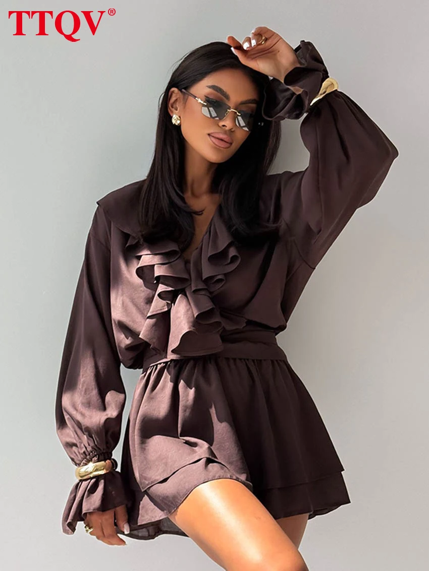

TTQV Fashion Loose Brown Women's Dress 2025 Casual V-Neck Long Sleeve Mini Dresses Lady Elegant Classic Ruffle Female Dress