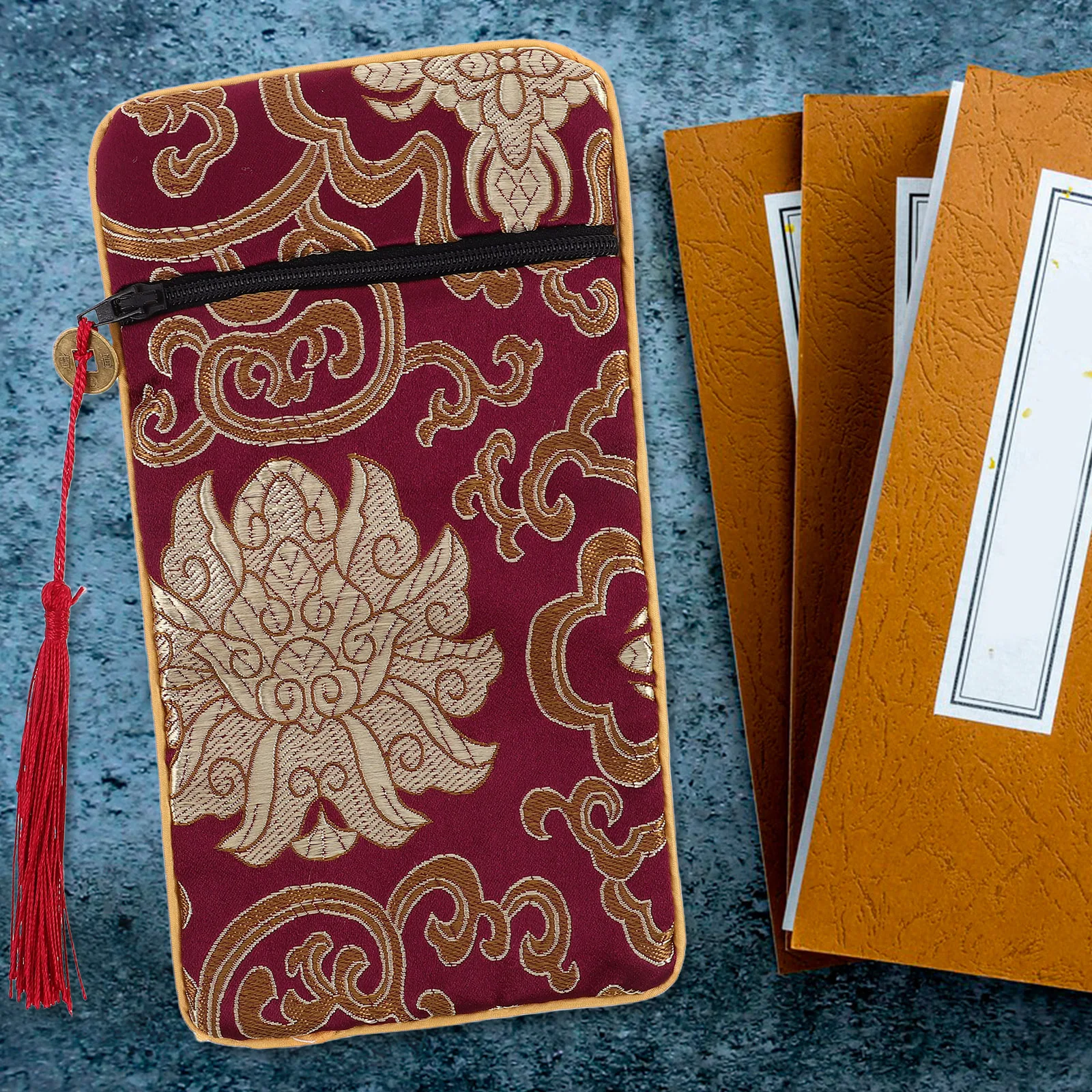 

Chinese Brocade Scriptures Pouch Small Multi-Function Book Organizer Zipper Bag Jewelry Storage Buddhist Supply Vintage Style